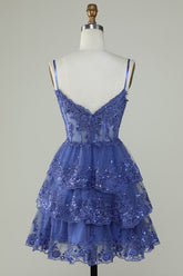 Layered Short 2025 Navy Blue Homecoming Dress Sequins Corset Straps Grad Dress - MyChicDress